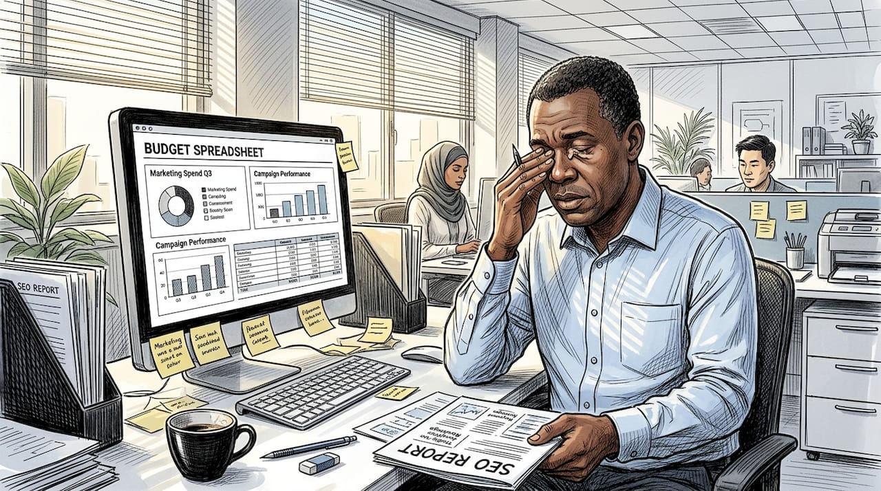 Man switching between SEO report and spreadsheet