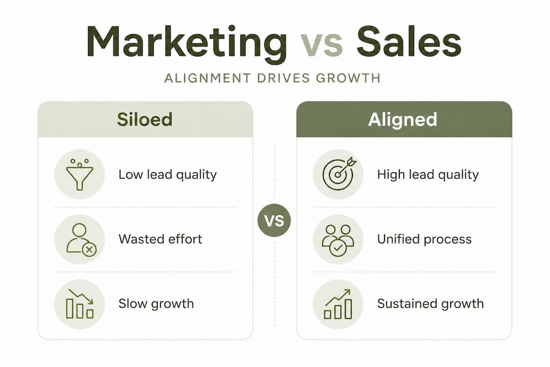 Infographic comparing siloed and aligned marketing-sales