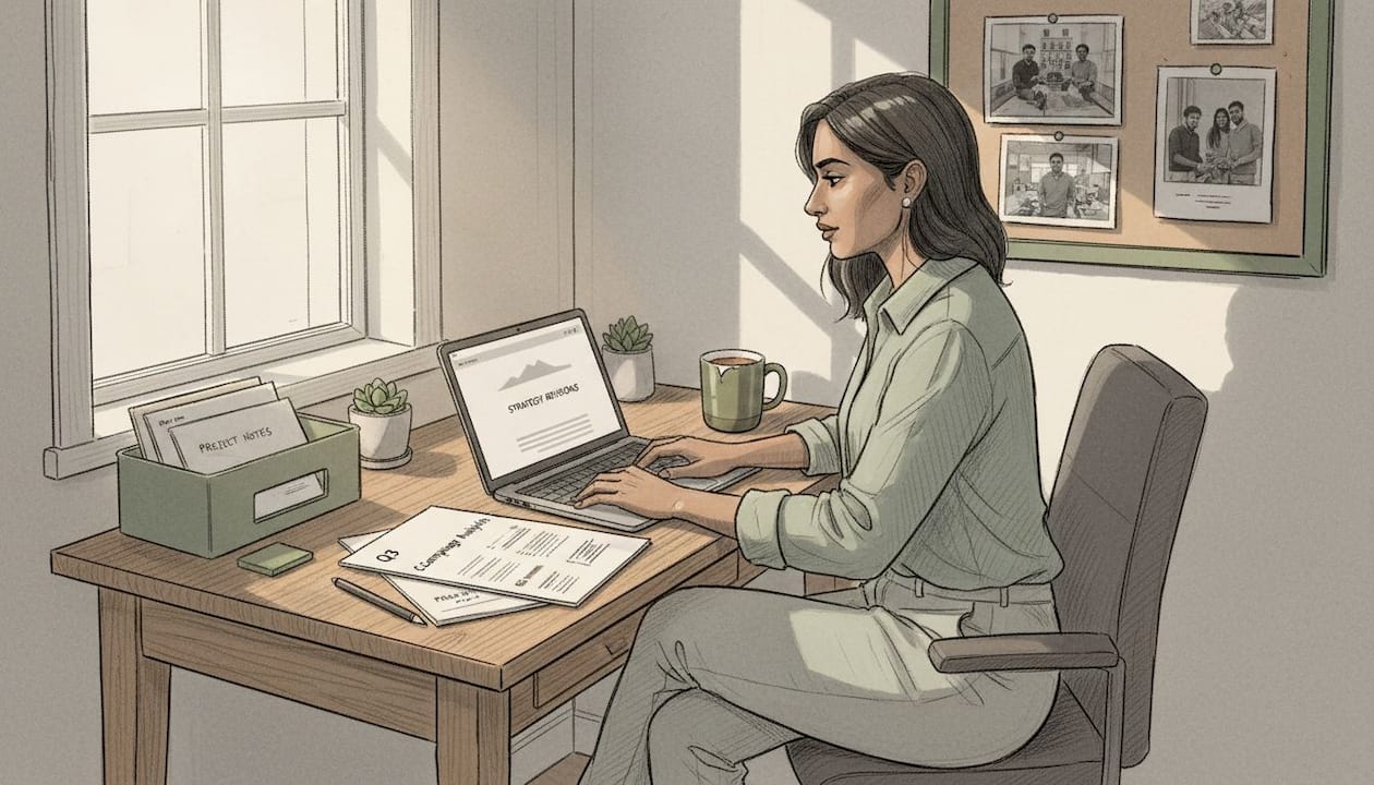 Founder in home office reviewing report