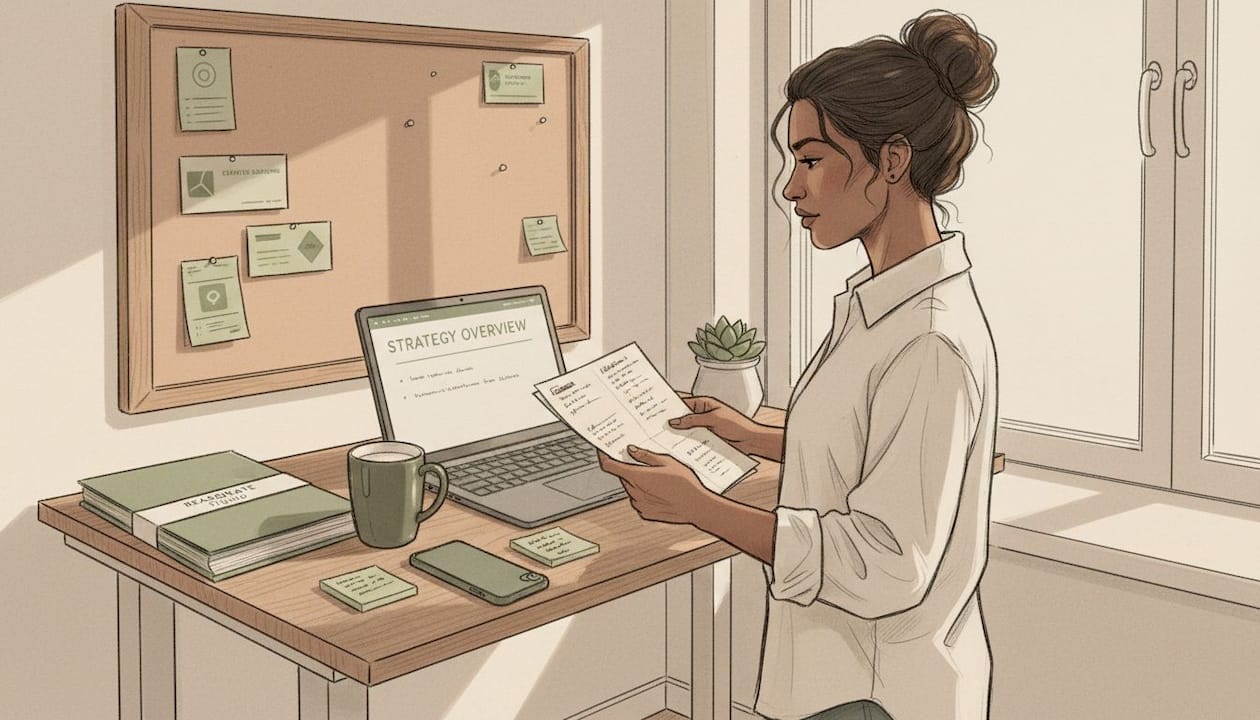 Founder reviewing brand documents at desk