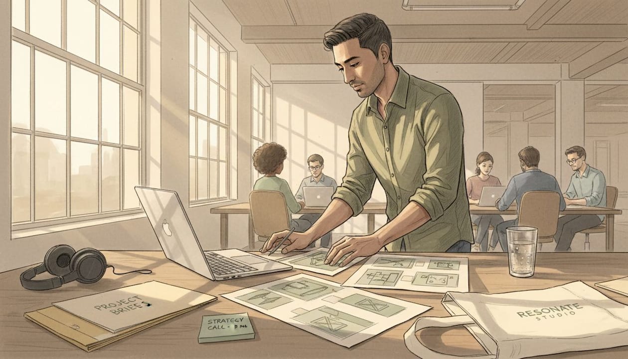 Startup founder working at cluttered desk in shared workspace