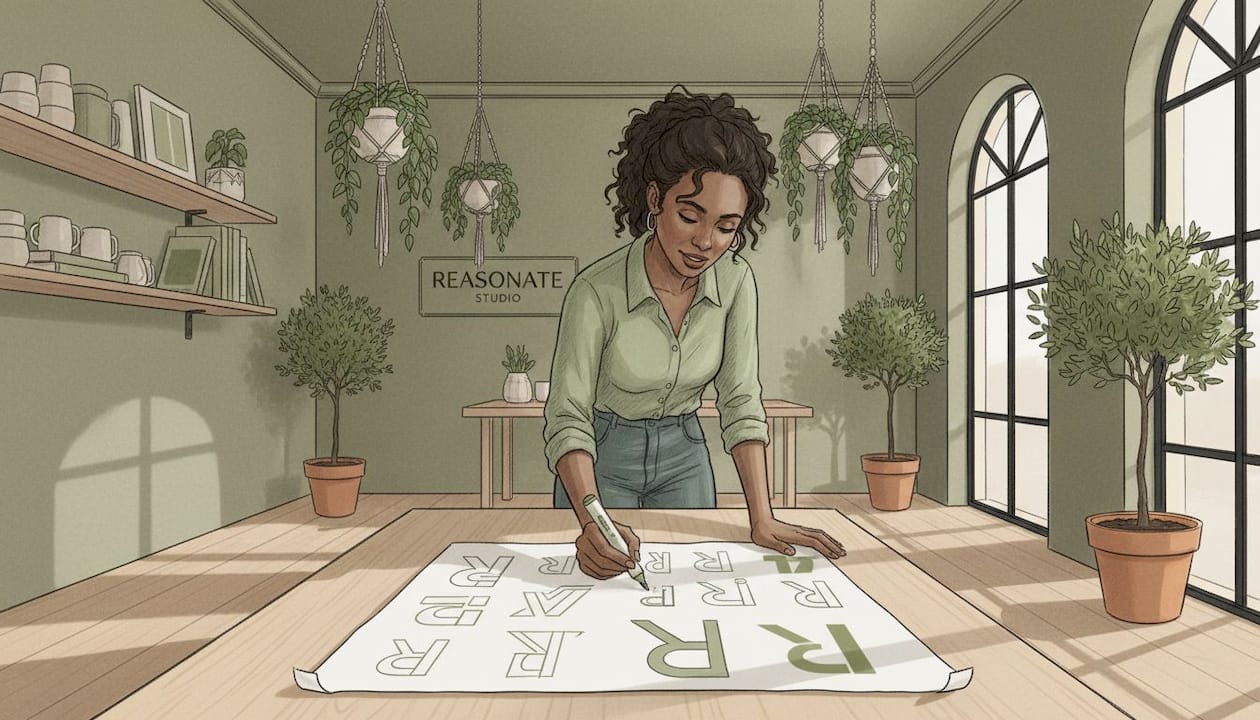 Founder sketches logos in bright workspace