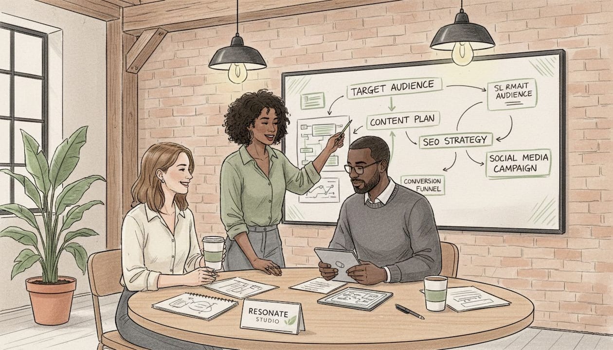 Business team coordinating hybrid marketing strategy table
