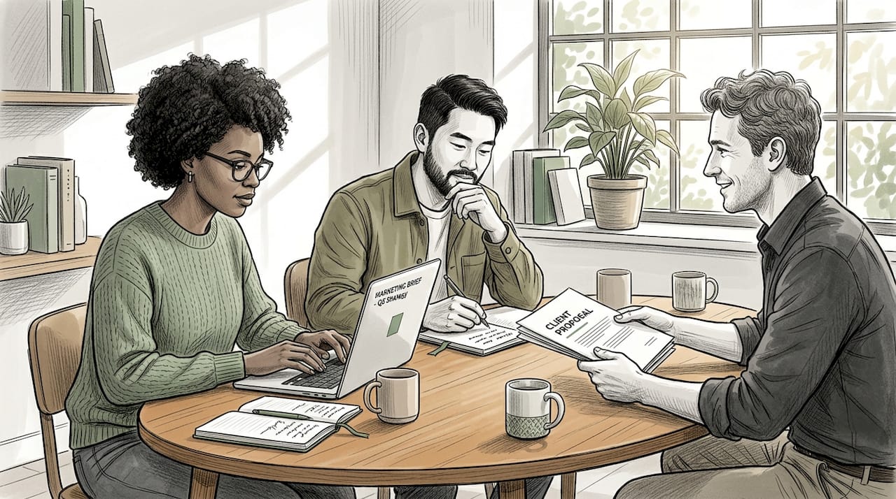Agency team collaborating at workspace table