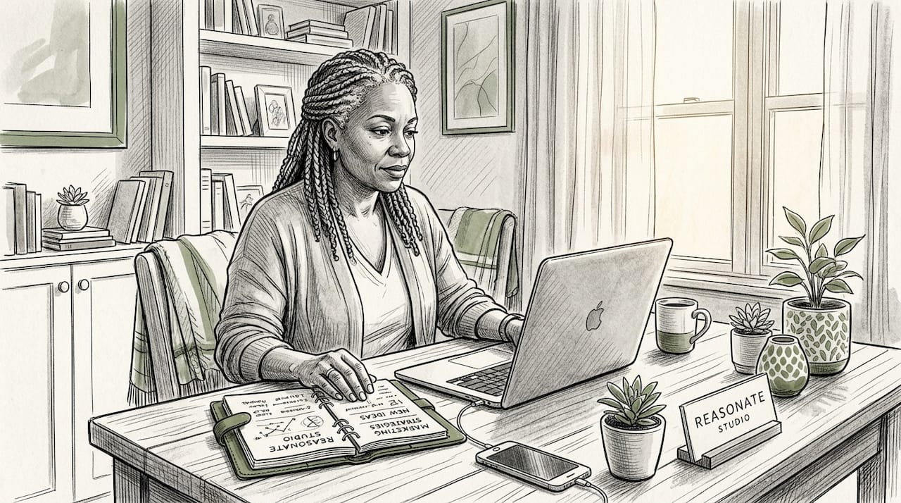 Small business owner working at desk, afternoon light