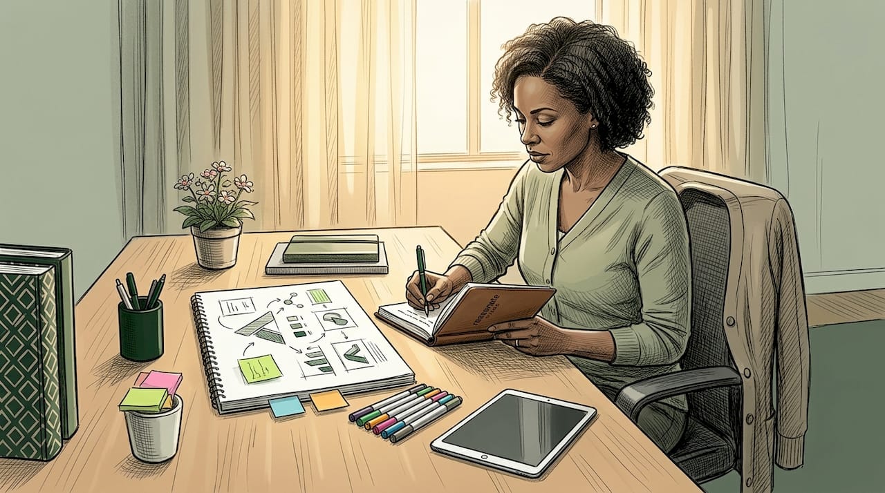 Business owner mapping brand structure at desk