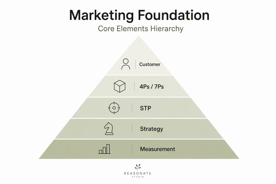 Hierarchy infographic of core marketing foundation elements