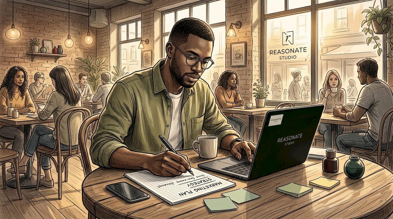 Entrepreneur planning strategy at kitchen table