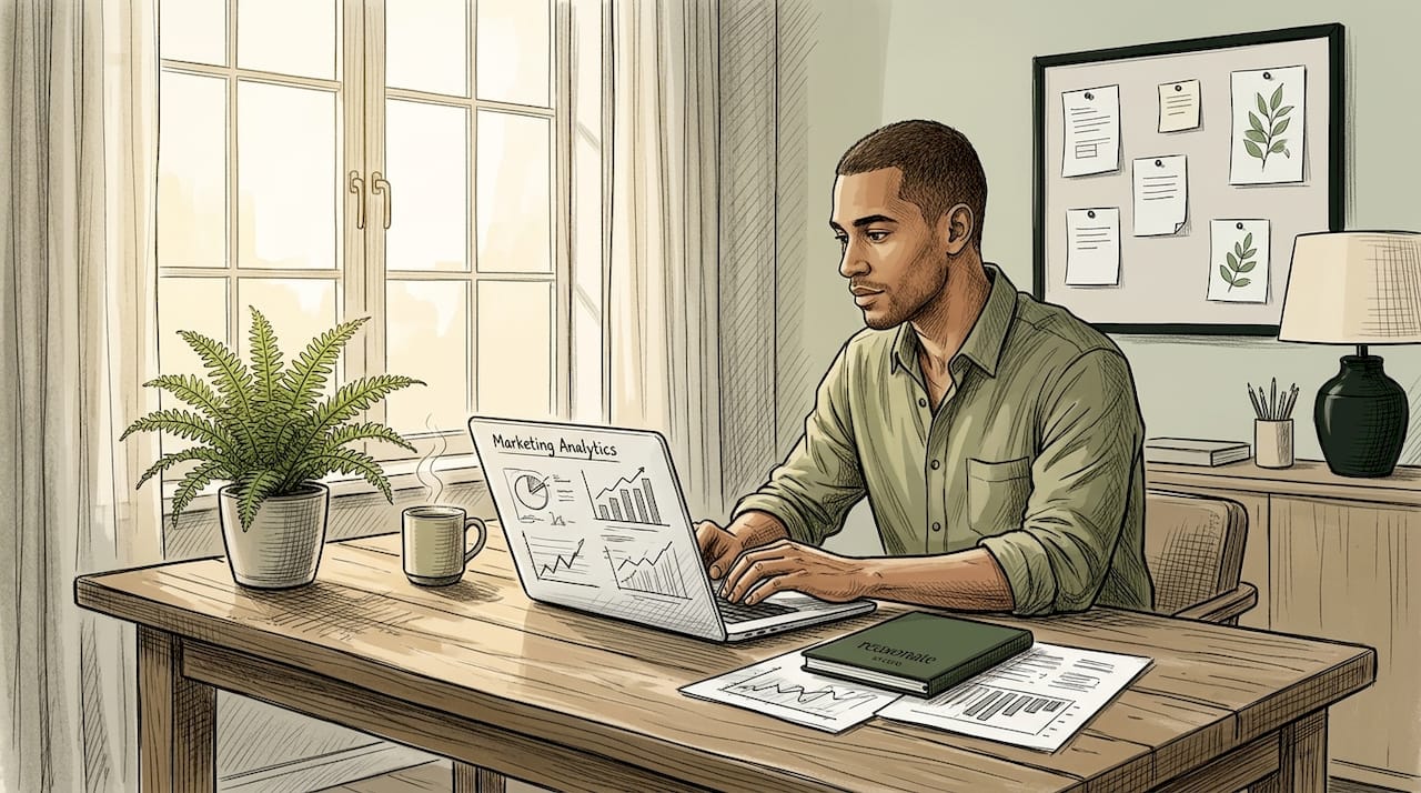 Entrepreneur analyzing marketing data at home office