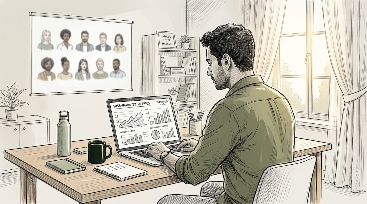 Founder working on sustainability metrics at desk
