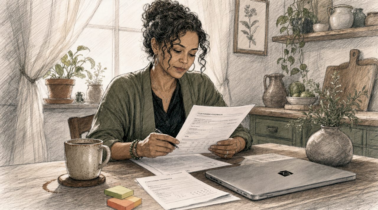 Small business owner reviewing customer feedback paperwork