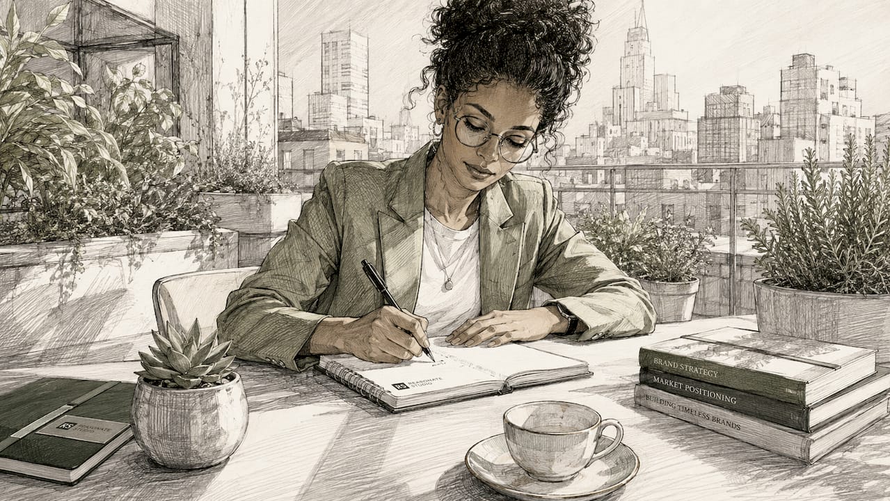 Entrepreneur writing brand positioning statement at desk