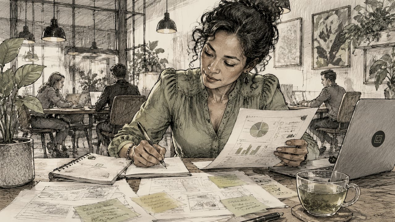 Marketer analyzing customer feedback at office desk