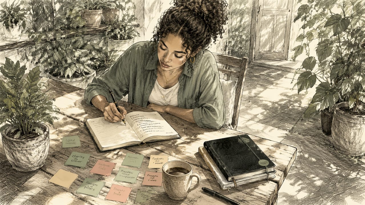 Entrepreneur writing notes at café table