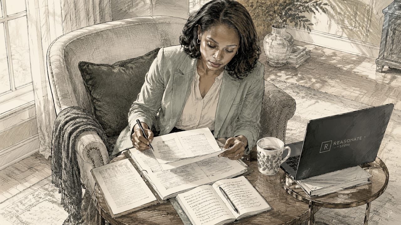 Woman reviewing client documents at desk