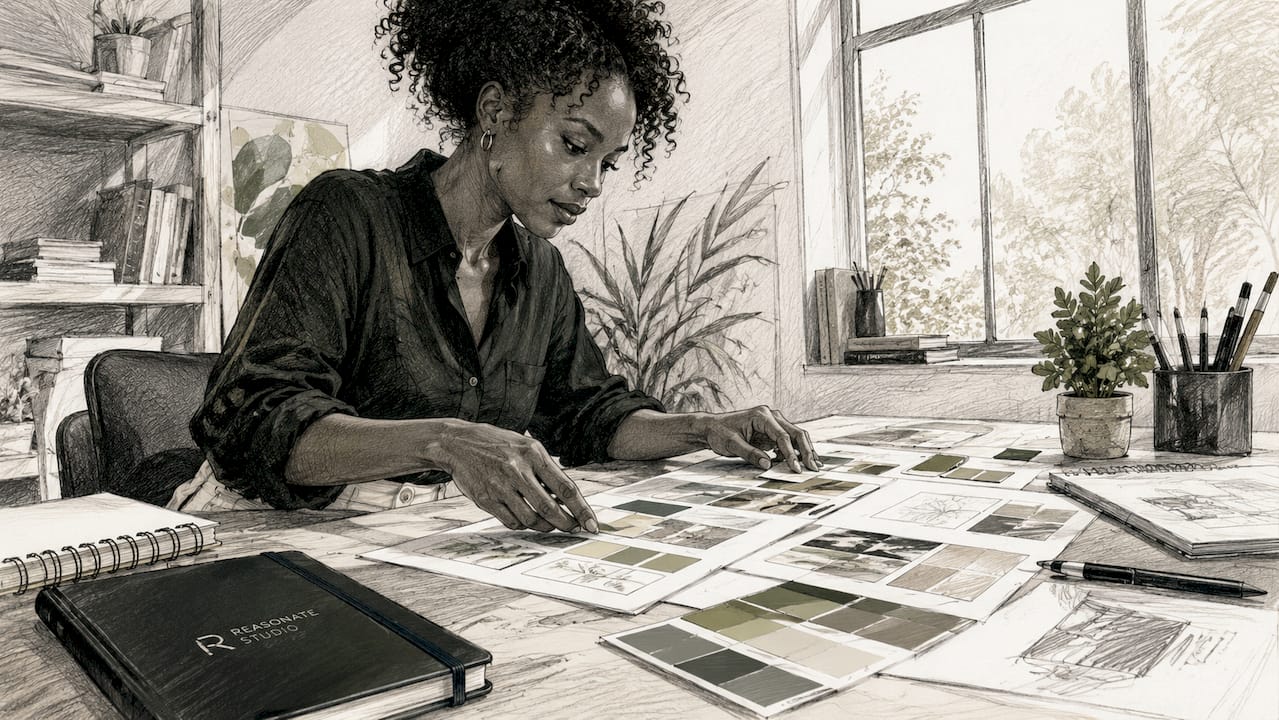 Woman organizing brand guidelines at home desk