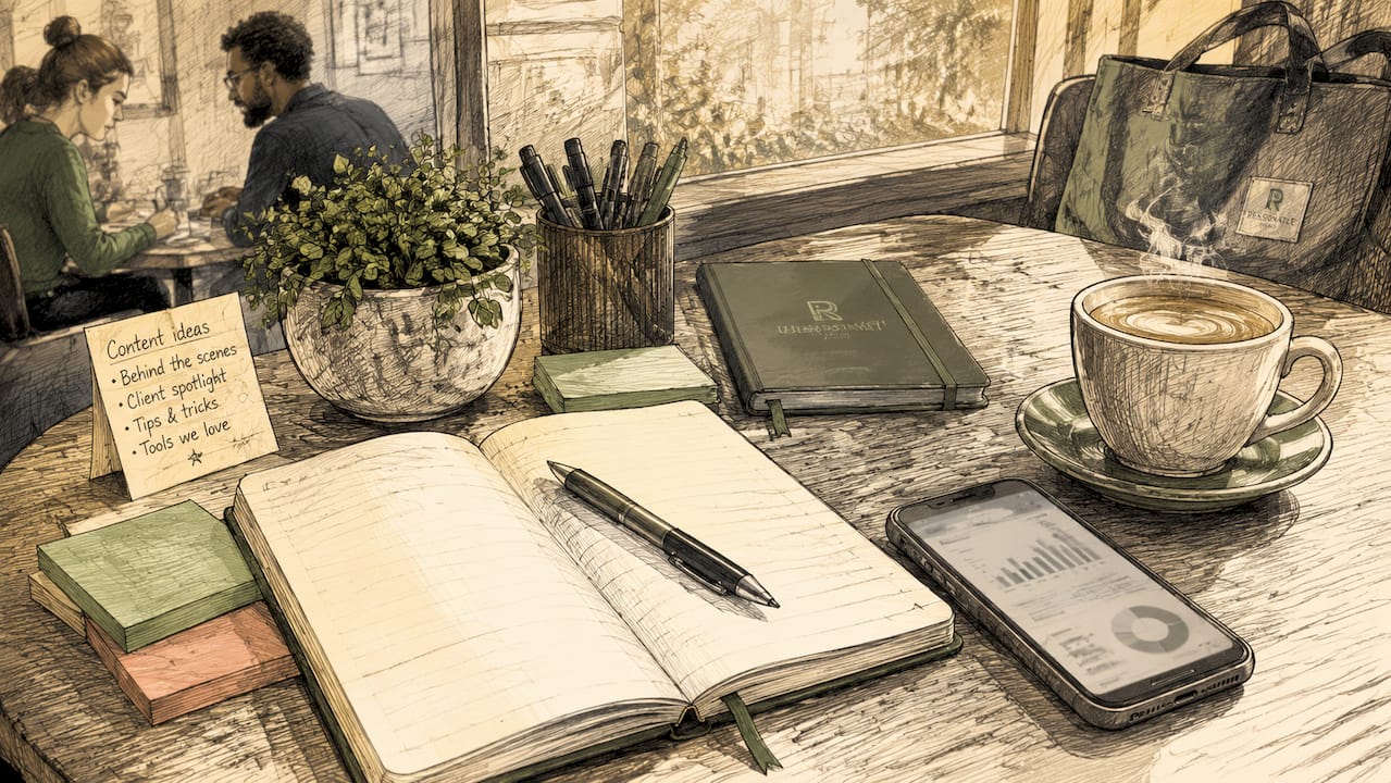 Social media planning tools on workspace table