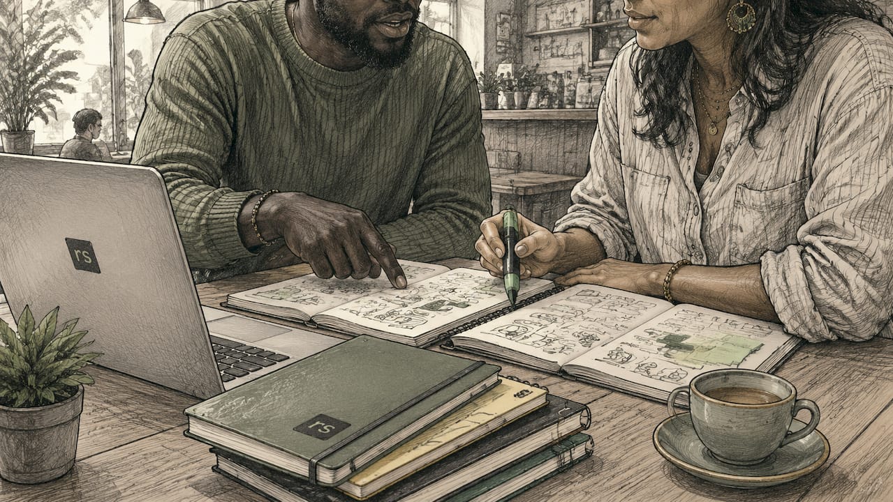 Diverse pair collaborating on content strategy