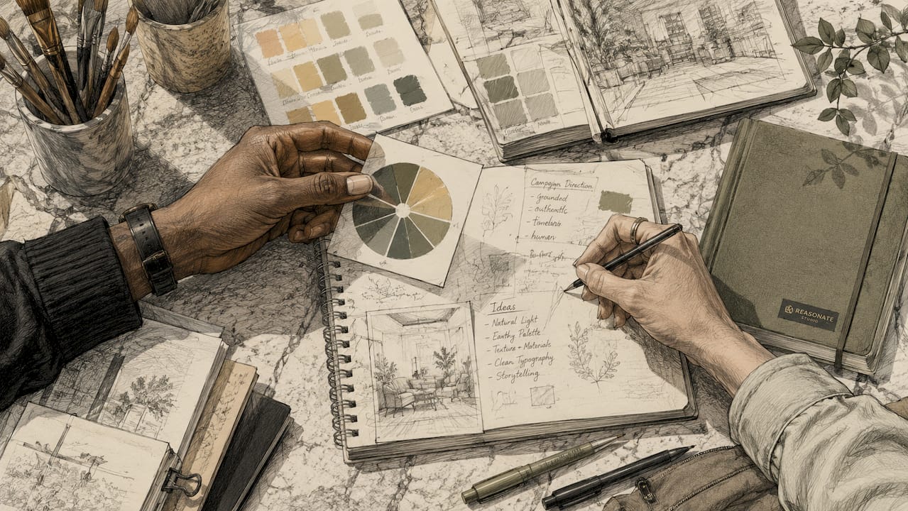 Diverse hands selecting brand design materials