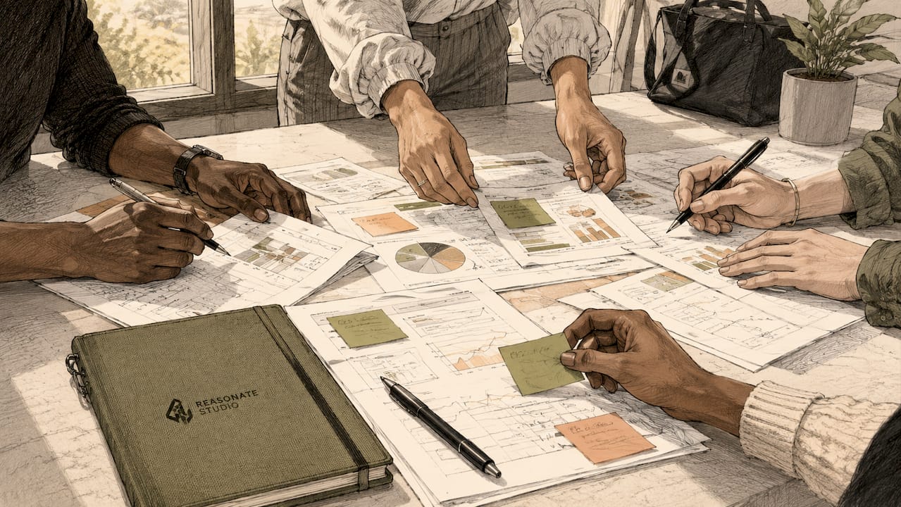 Diverse hands organizing marketing documents on table