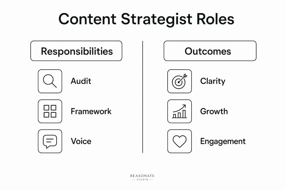 Infographic comparing content strategist responsibilities and outcomes