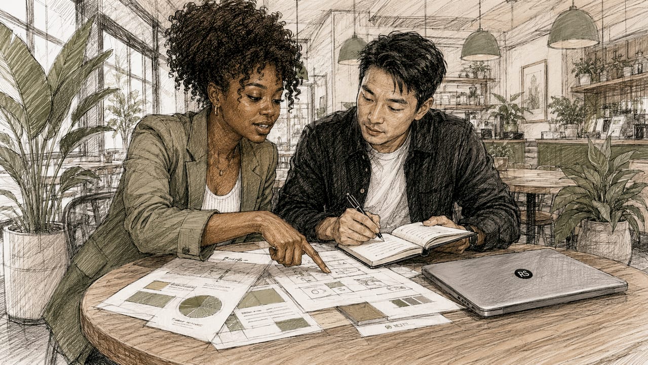 Two diverse business owners reviewing brand strategy documents