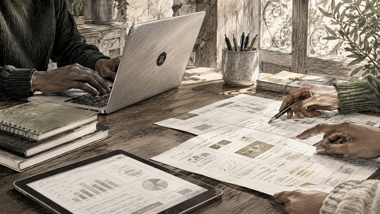 Hands working on digital content strategy documents