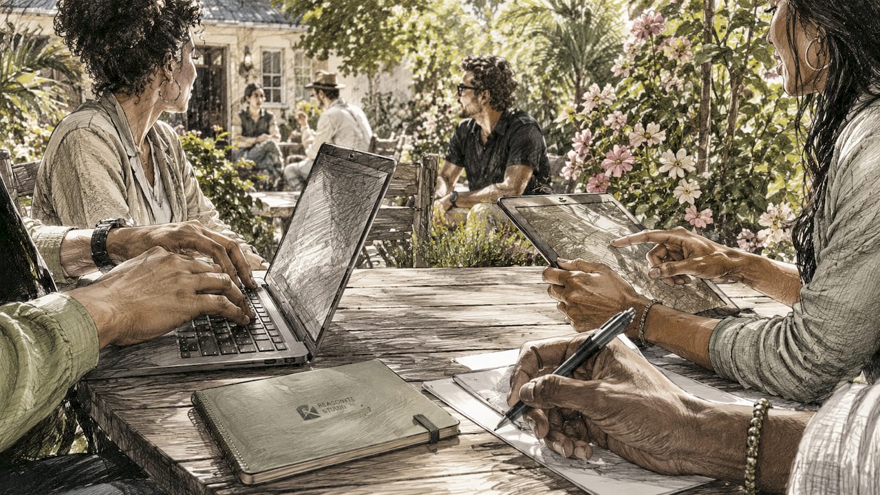 Diverse hands holding devices browsing marketing content