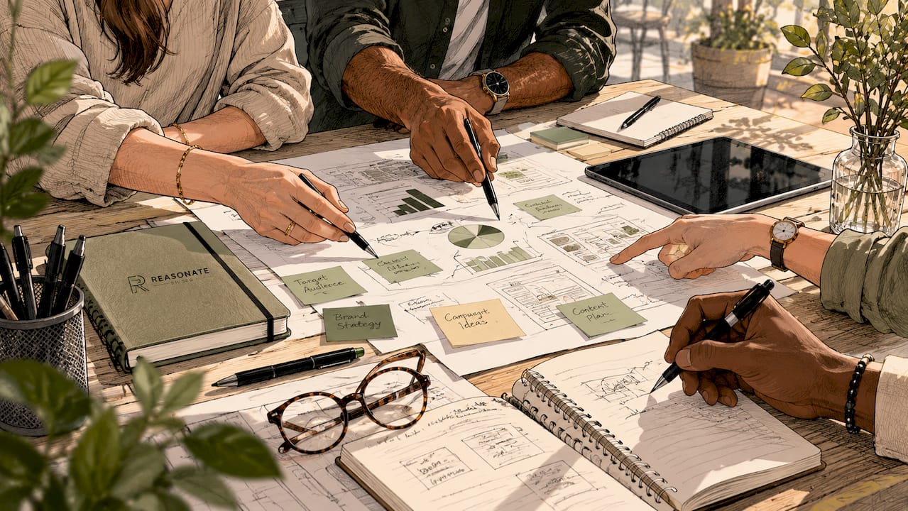 Diverse hands collaborating on marketing documents