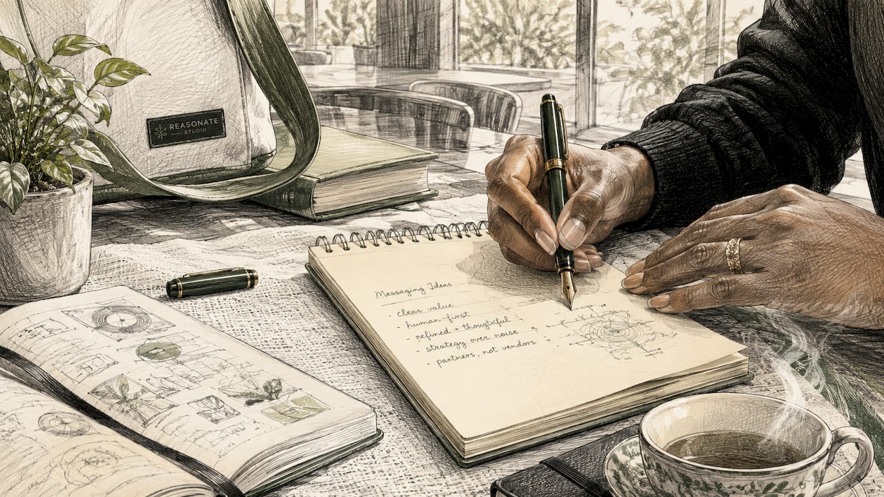 Hands writing notes on messaging ideas