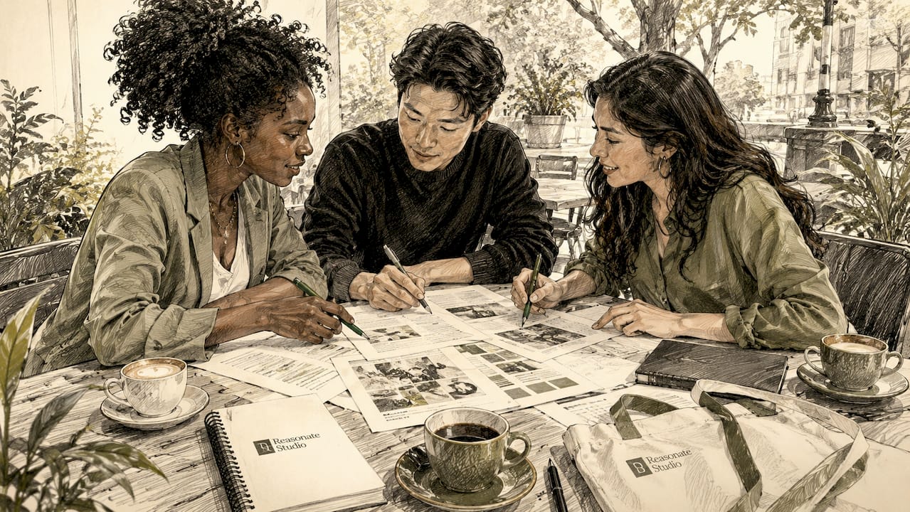 Diverse group discussing marketing plan around table