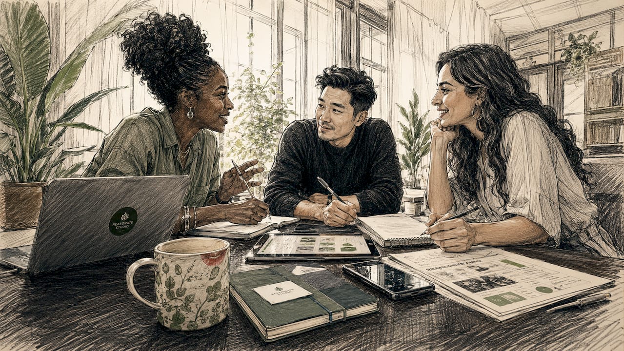 Diverse team collaborating around table