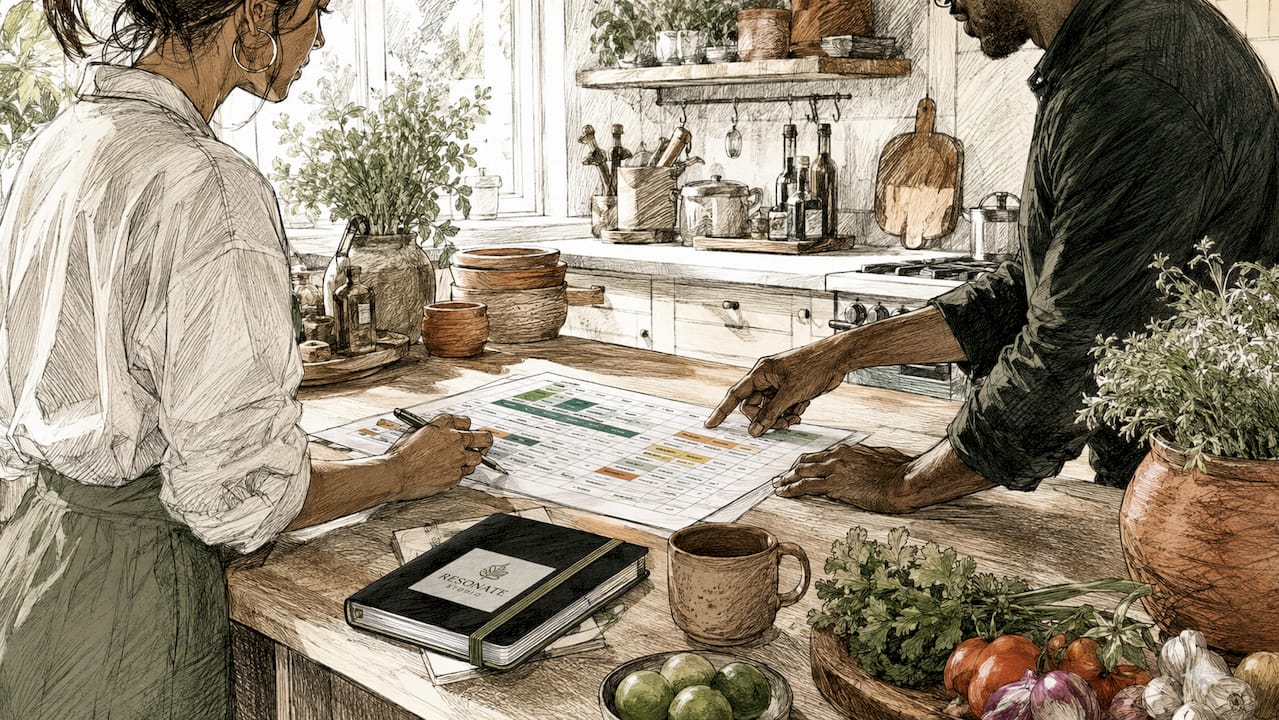 Hands pointing at marketing plan spreadsheet on desk