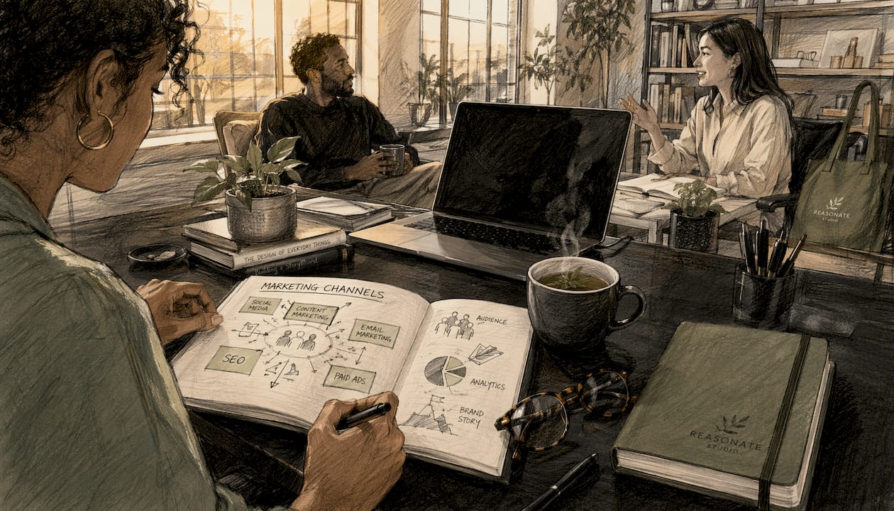 Workspace with marketing notes and devices