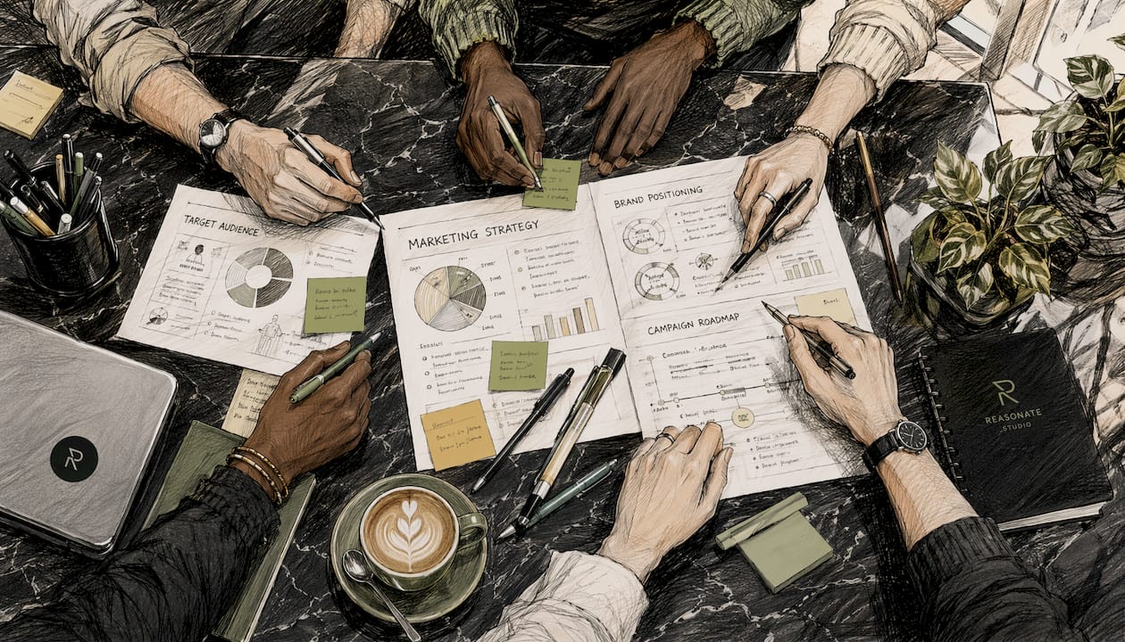 Diverse hands arranging marketing documents
