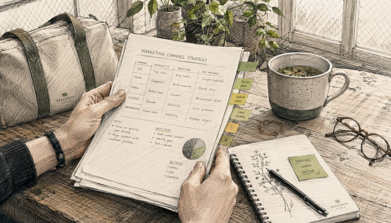 Hands reviewing marketing strategy documents
