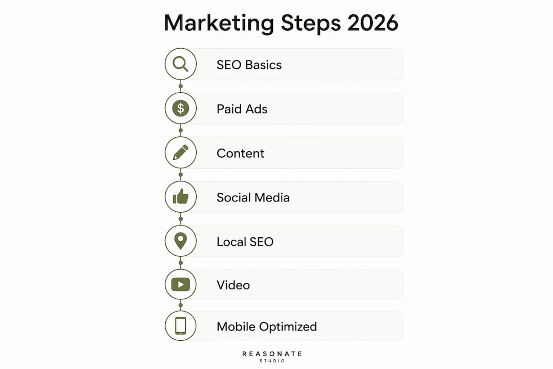 Infographic showing key small business marketing steps for 2026