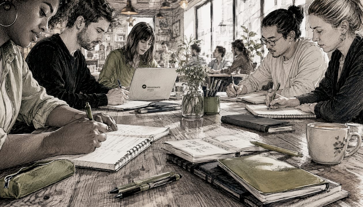 Overhead view of diverse hands working on content marketing