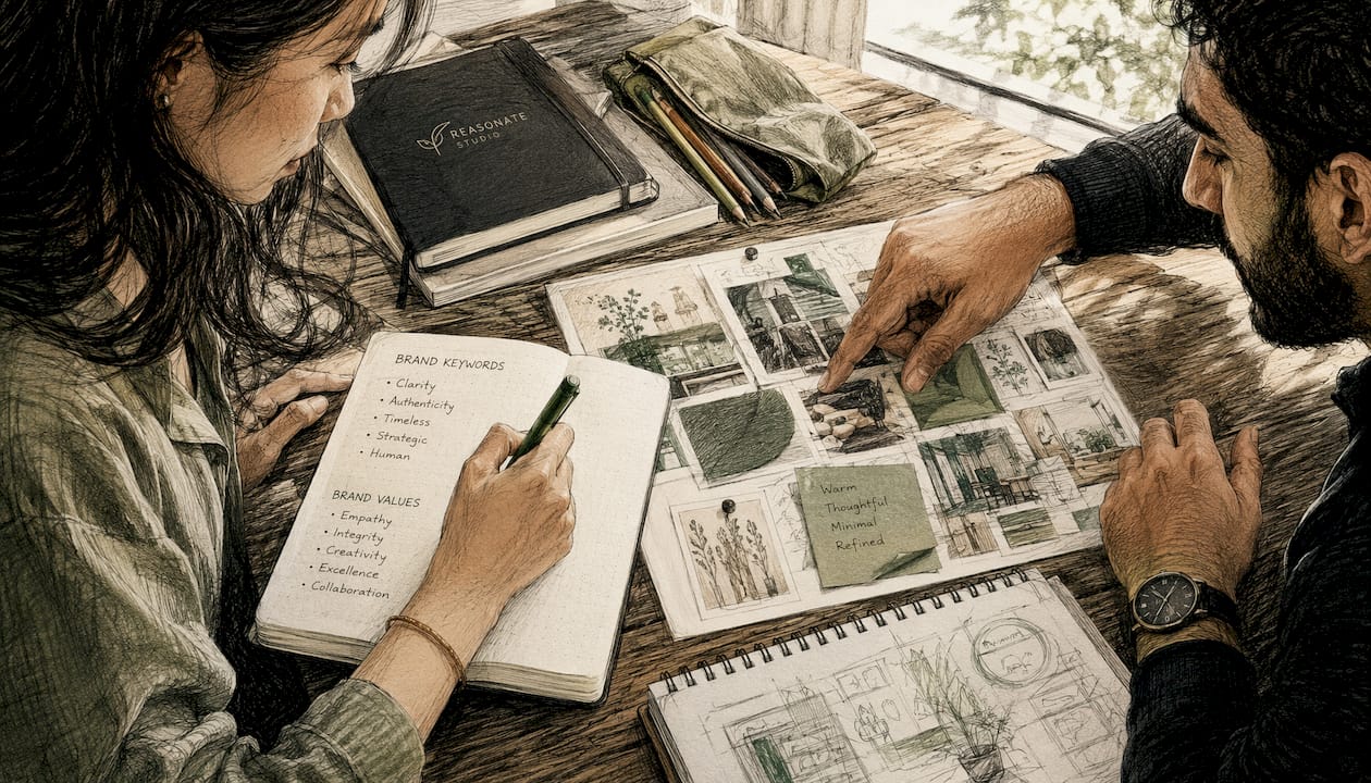Diverse hands collaborating on personal branding notes