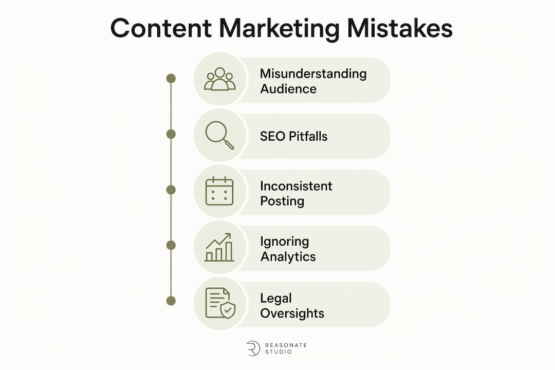 Infographic illustrating key content marketing mistakes in vertical steps