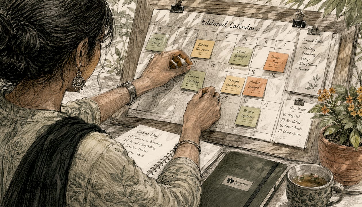 Close-up of hands arranging editorial calendar sticky notes