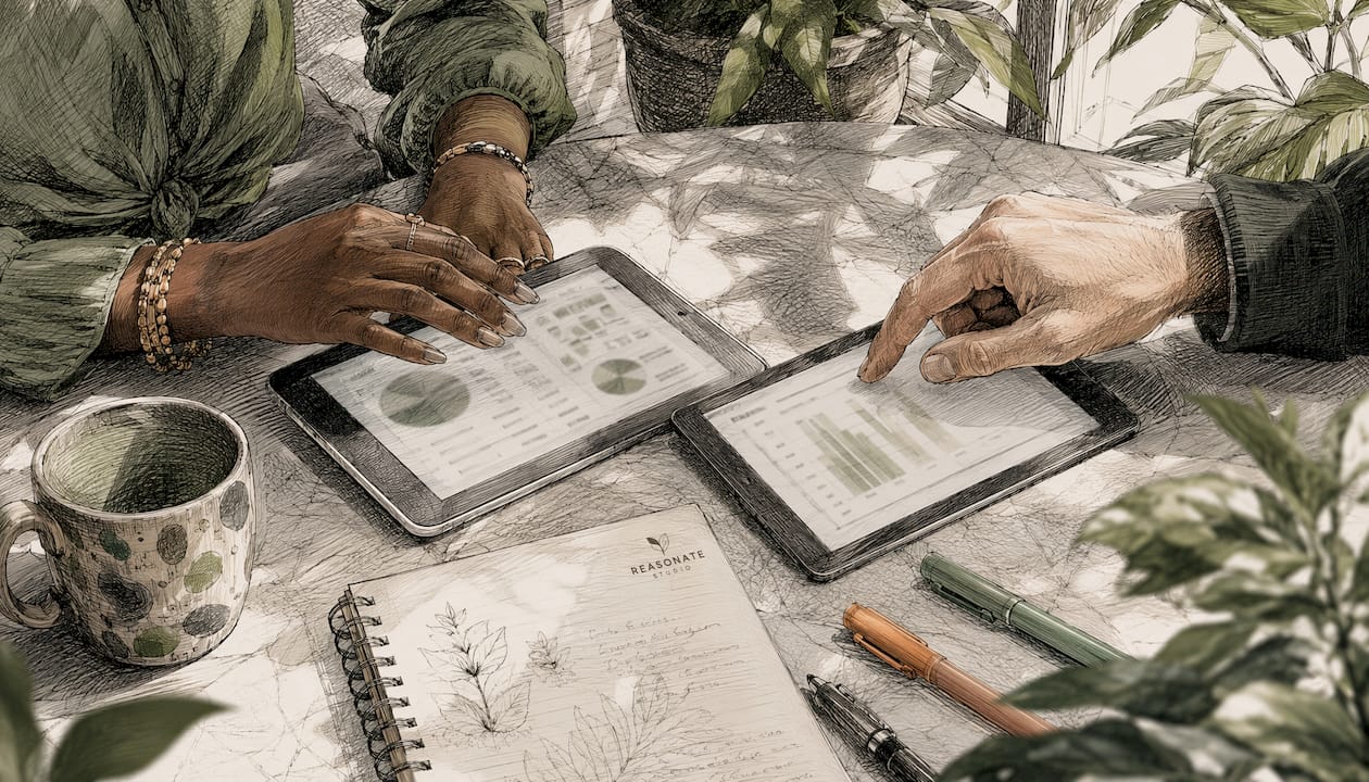 Close-up of collaborative hands analyzing data