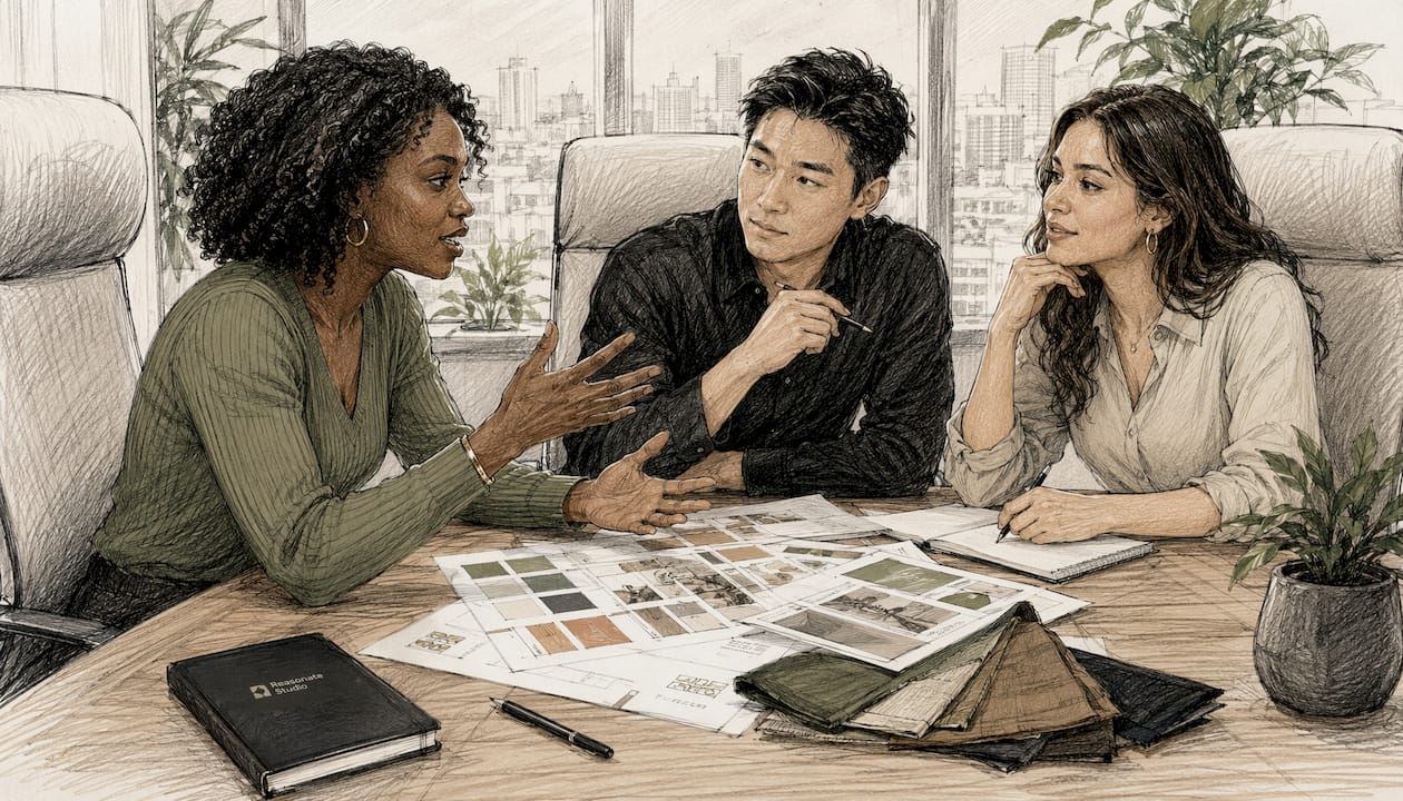 Diverse team collaborating on brand strategy