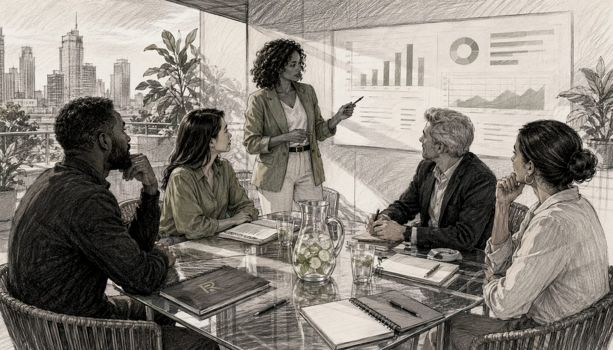 Diverse leaders reviewing marketing dashboard