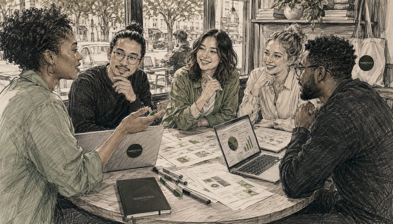 Diverse marketing team collaborating indoors