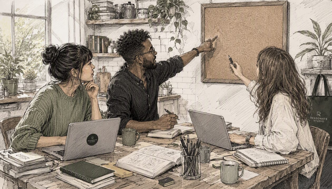 Diverse team brainstorming content ideas around table