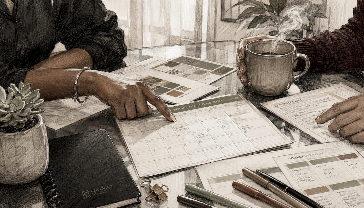 Hands organizing social media calendars and notes
