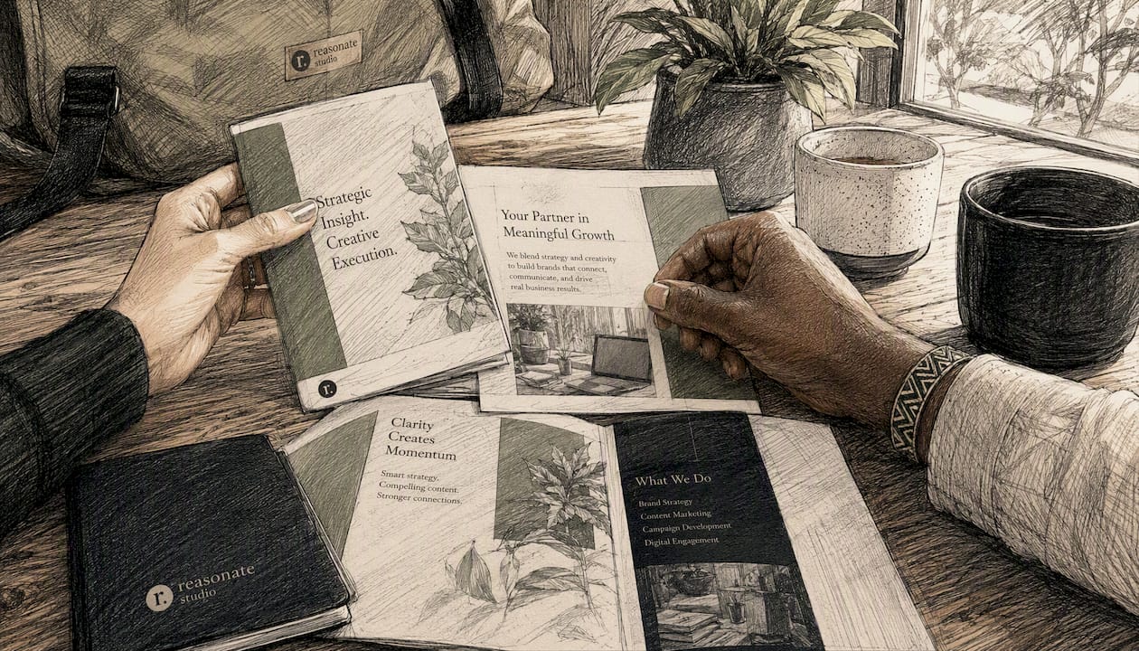 Hands reviewing promotional brochures on table