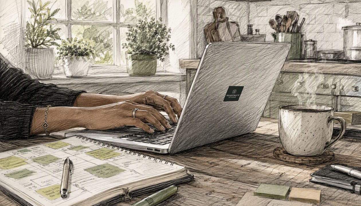 Hands typing on laptop in cozy home office