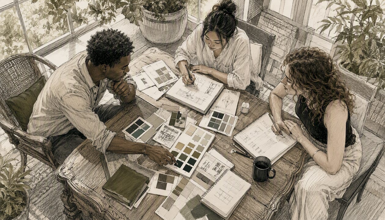 People brainstorming and selecting color swatches